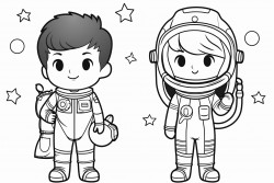 a boy and a girl put on their astronaut costumes and stand next to a rocket