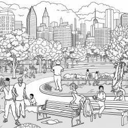 a scene of black and brown peoplein in a city park with buildings in the background