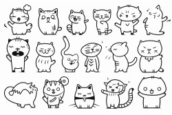 random figures cartoon cats playful poses paw prints fish bonesbows outlined in bold clear lines colouring book line drawing white