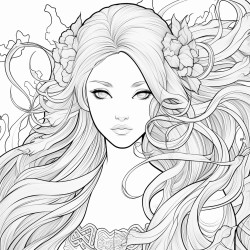 greyscale adult coloring page with manga woman with long hair