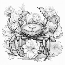 crab with snake mystical theme highly detailed black outline floral elements coloring page