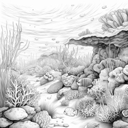 ocean scene with a lot of animals seaweed and clams