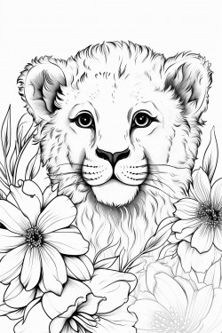 baby lion with flowers