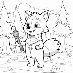 a fox holding a fire hose in the forest