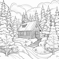 A cozy cabin in a snowy forest
