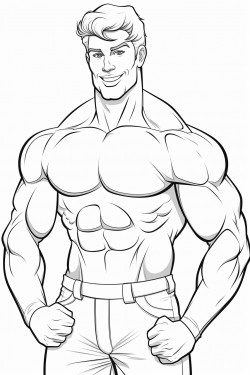 a handsome male bodybuilder in a speedo smiling and flexing his bicep