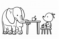 image of a elephant sitting at a table drinking a cup of coffee with a donkey