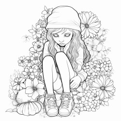 a sad little girl with skinned knee sitting in garden with lots of flowers looking at her knee