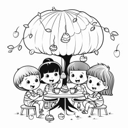 three girls and 2 boys having a tea party under a meatball tree
