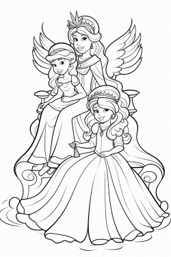 unicon with 2 princess sitting on rainbow with birds