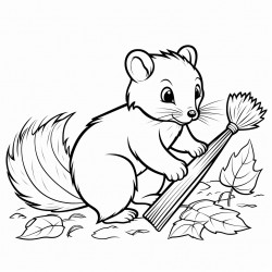 a skunk cleaning the leaves with a broom