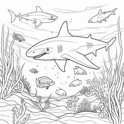 coloring page in black and white with a white shark swimming in between corals and various fishes with no grey or blue areas in the picture