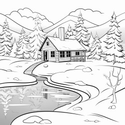 peaceful winter scene featuring a log cabin by a frozen lake