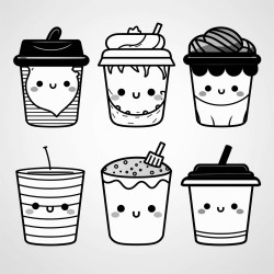 6 takeaway cups with different faces in kawaii styl