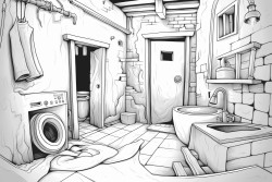a lonely toilet in a sea of laundry