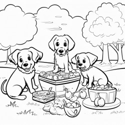 picnic scene in the park with sandwiches fruits and playful puppies