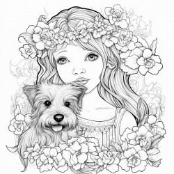 beautiful doll with flowers flowing hair ribbons with a cute scottish terrier and patterdale terrier