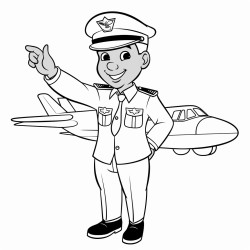 security officer smiling and pointing at an airplane