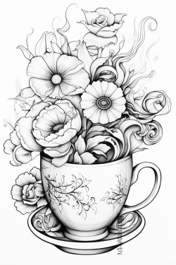 eine tasse tee und bcher und blumeb