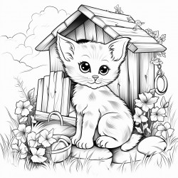 a cute kitten sitting outside her house