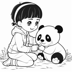 kid and a panda playing