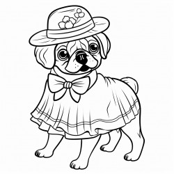 pug wearing a dress and a sunhat