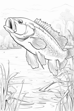 largemouth bass jumping from the water with lilly pads on the water and forest in the background