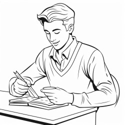 a man sitting at a table and taking a bite of a book