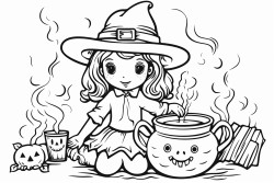 a retro pumpkin dresses as a witch stirring a cauldron with a spoon in a room full of potions