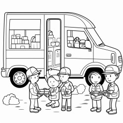 workers of different shapes and sizes  with polo shirts on loading a van