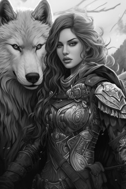 female elf ranger in leather armour with magical bow also has a wolf companion