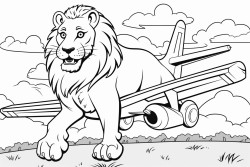 a lion mascot flying an airplane over a park