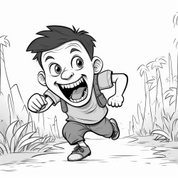 a terrified boy running from a smirking crocodile in the jungle