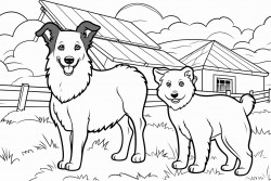 a border collie and a sheep under a solar panel in a field