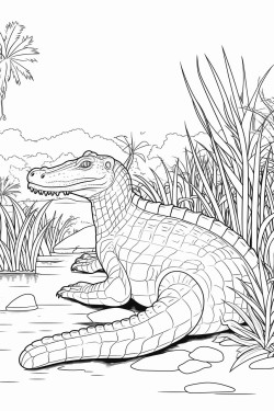 a gharial resting by the side of a river its long snout visible with jungle foliage and water plants nearby