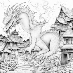 dragon setting a village on fire