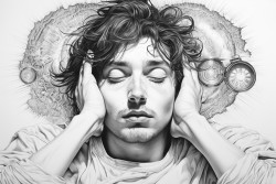 a simple drawing of a person with droopy eyes head resting on their hand and a small zzz bubble above them