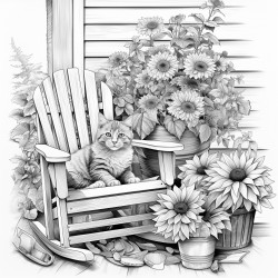 a front porch scene with a sunflower in a pot a cat and a rocking chair