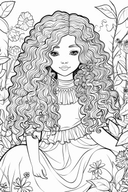 mixedrace girl with long curly hair sitting in the forest with a flowy dress and lots of flowers