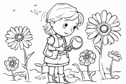 little girl looking through a magnifying glass at flowers all around her