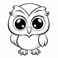 black and bright white whimsical cartoon baby owl full body on white background coloring page