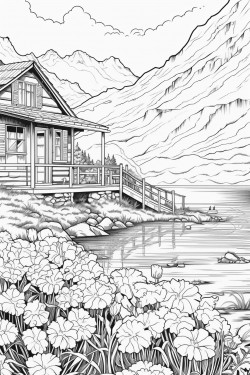 a hours in switzerland landscape with a quaint stone house surrounded by flowers wooden dock extending into a lake
