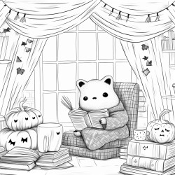 a cute ghost in fuzzy socks reads a book sipping tea in a cozy bedroom with string lights cobwebs and fall decor