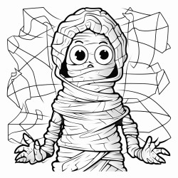 a mummy unwrapping itself in a playful manner amid cobwebs