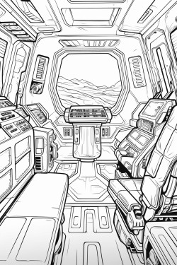 spaceship cabin bed screens desktop space futuristic detail coloring book