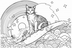a cat is surfing on a rainbow across the universe between planets and suns no black areas