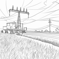 combine in a field with powerlines in the back ground