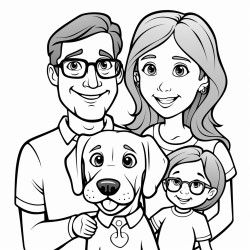 five year old girl with pigtails and glasses with her mom and dad and beagle