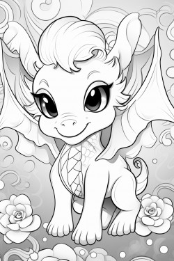 epic coloring book page depicting an adorable kawaii style dragon