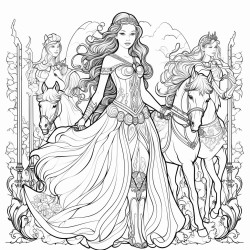 beautiful princesses with brave knights or dragons or unicorns or witches coloring page